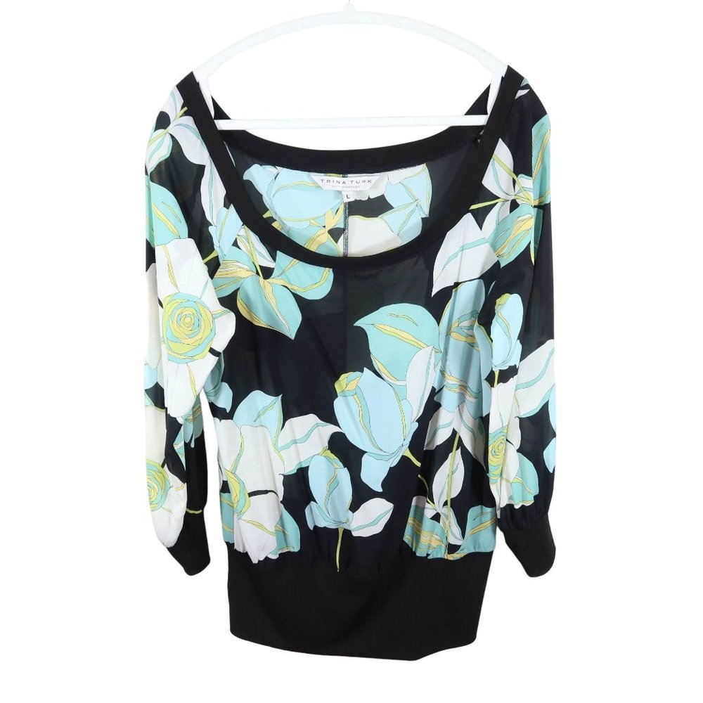 TRINA TURK Sz L Semi Sheer Bold Floral 93% Silk Blend Long Sleeve Tunic Blouse